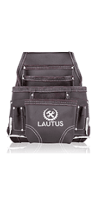 LAUTUS Oil Tanned Leather Tool Pouch Bag | Black | Carpenter, Construction, Framers, Handyman | 10 Pockets, 2 Hammer Holders | 100% Leather