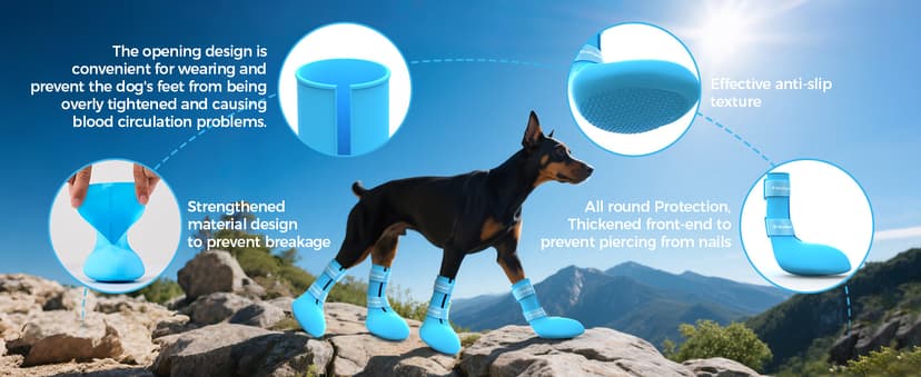 Fdceligoo Rubber Dog Boots, Durable Paw Protectors with Adjustable Straps & Non-Slip Sole, Waterproof Dog Shoes for Hot Pavement, Easy On & Off Silicone Booties (Blue, S, Only Suit for Small Dogs)