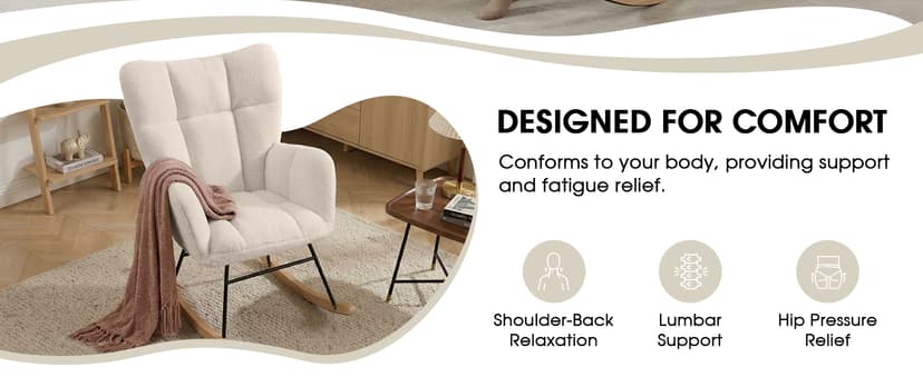 Nursery Rocking Chair, Teddy Upholstered Glider Chair with Thick Cushion, Tufted Gliding Rocker Chair with Wood Leg, Cozy Rocking Armchair, Accent Rocking Chair for Living Room (Ivory)