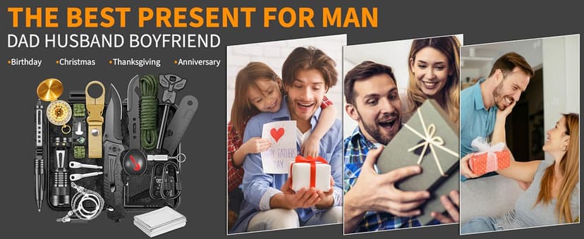 XKASE Survival Kit, Gifts for Men Dad Husband, Emergency Survival Gear and Equipment 19 in 1, Fishing Hunting Birthday for Men, Camping Accessories, Cool Gadget, Camping Essentials