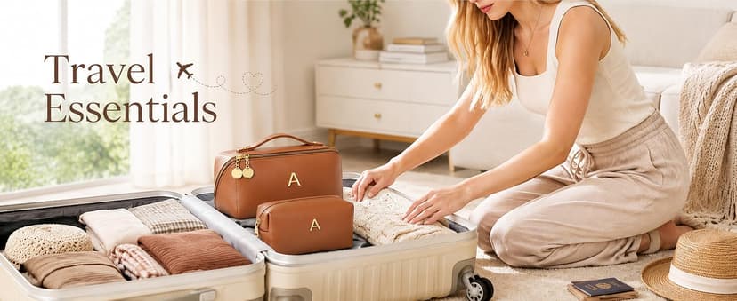 Waterproof PU Leather, Open Flat Design Cosmetic Bag, Multiple Compartments Travel Toiletry Bag (Pink, A) Initial Makeup Bag Personalized Gift for Women Teen Girls B0F26C313Y