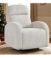 Rocking Recliner Nursery Chair, Swivel Recliner Glider for Nursery with 2 Pockets, Reclining Rocking Chair, Manual Recliners for Living Room, Bedroom, Cream White Chenille