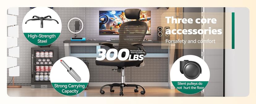 Ergonomic Office Chair, 300lbs High Back Breathable Mesh Desk Chair with Lumbar Support, Comfy Gaming Chair with Headrest and Flip-Up Arms, 360° Swivel Computer Task Chair for Home Office, Black