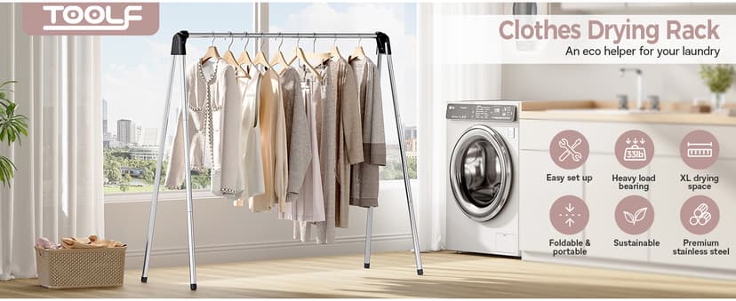 TOOLF Clothes Drying Rack Foldable, Laundry Drying Rack Stainless Steel, Portable Clothes Rack, Drying Rack for Clothing, Indoor Outdoor, Free-Standing, Large Capacity