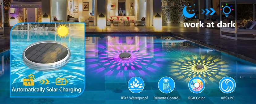 Solar Rechargeable Floating Pool Lights(2 Pack), Pool Lights That Float with Remote Control, 9 Lighting, Timing Mode, IPX7 Waterproof for Inground Pool, Bathroom, Bathtub, Pool Party