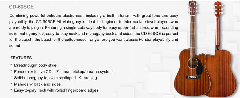 Fender CD-60SCE Solid Top Dreadnought Acoustic-Electric Guitar - All Mahogany Bundle with Hard Case, Tuner, Instrument Cable, Strap, Strings, Picks, Austin Bazaar Polishing Cloth and Instructional DVD