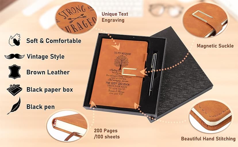 kullder Leather Journal Gift for Men Custom Notebook for Husband Personalized Journal A5 Travel Diary Vintage Leather Sketchbook Anniversary Christmas for Husband Perfect Gifts Box Set with Pen