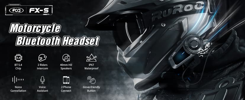 Fodsports FX-S Motorcycle Bluetooth Headset V5.4, 2-Way Helmet Intercom Communication System with IP67 Waterproof, CVC Noise Cancellation, Hands-Free Music/Call, 2 Type Mics, Black, 2 Pack