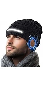 Bluetooth Beanie with Light, Headlamp Hat with Headphones and Built-in Speaker Mic, Unique Christmas Gifts for Men Husband