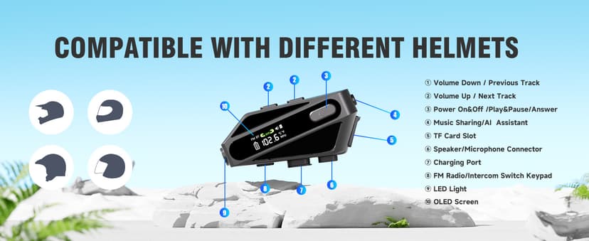 Motorcycle Helmet Bluetooth Headset, C6 Helmet Speakers with 2 Type Mics, Intercom/Hands-Free Call/Music/Waterproof/Noise Cancellation/Wake Up Siri, Suitable for Motorcycles, Skiing, and Cycling