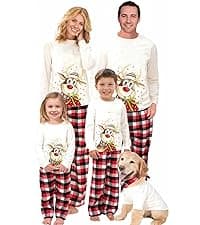 Awoscut Christmas Family Matching Pajamas Sets Christmas PJ's Letter Print Top and Plaid Pants Jammies Sleepwear