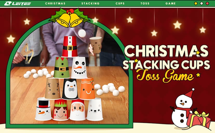 Leitee Christmas Party Games for Family Kids Adults Christmas Games with 24 Stacking Cup 2 Wooden Slingshot 2 Spare Slingshot Rubber Band 20 Felt Fake Snowball for Toss Carnival Parties Group Xmas Fun