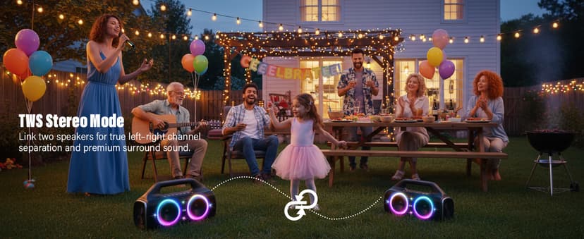 Speakers, 80w (Peak) Portable Wireless Speaker with Lights, Stereo Loud Sound, IP67 Waterproof, Deep Bass Outdoor Speakers Bluetooth 5.3 Dual Pairing for Home Party Beach Camping, Gifts