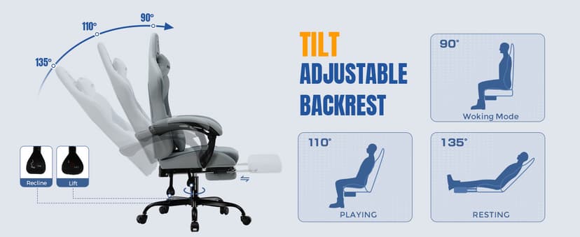 GTPLAYER Gaming Chair with Foot Rest & Pocket Spring Cushion, Ergonomic High Back Computer Desk Chair with Headrest & Lumbar Support for Back Pain Relief, Breathable Fabric, Mist-Blue