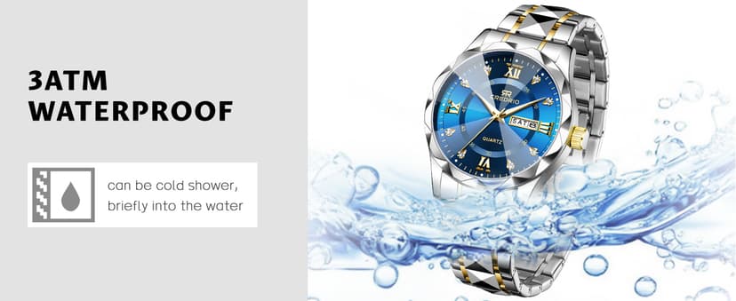 Credrio Watch for Men Stainless Steel Waterproof Diamond Business Dress Analog Quartz Luminous Date Two Tone Luxury Casual Wrist Watch