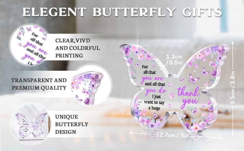 Thank You Gifts for Women, Appreciation Gifts for Teacher Employee Coworker Nurse Friend, 5x3.8x0.5 Inch Purple Butterfly Acrylic Plaque Decor, Graduation Wedding Thank You Grateful Gift Bulk