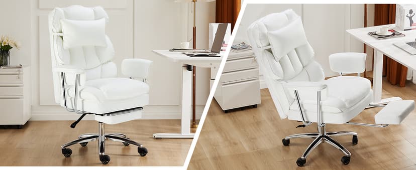 Sweetcrispy Executive Home Office Desk Chair - Ergonomic Big Tall High Back with Footrest & Lumbar Support, Reclining Height Adjustable, Comfy PU Leather Computer Gaming with Swivel Wheels, White