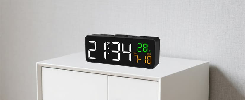Netzu 3-in-1 Digital Clocks for Living Room with Temperature, Date & Time Display - 4 Levels Birghtness, 3 Volumes, Small & Compact Plug-in Alarm Clock for Bedroom, Office (Black)