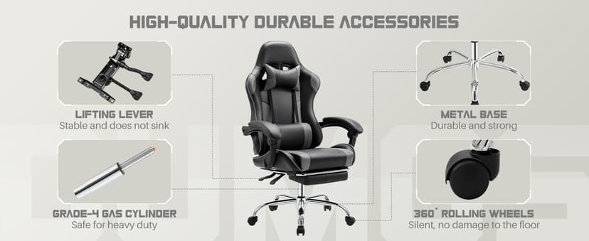 DUMOS Ergonomic Gaming Office Desk Chair with Footrest and Headrest for Adults, PU Leather Video Computer Chair with Linkage Armrests, Height Adjustable 360° Swivel Recling Chair, Black Grey