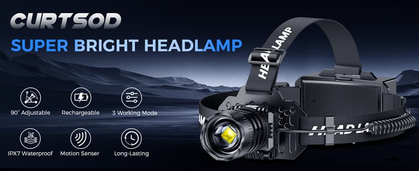 Curtsod Rechargeable LED Headlamp 2-Pack - 99000 Lumens Super Bright with Motion Sensor & 90° Rotation - Waterproof Headlight for Camping, Hiking, Running - 3 Light Modes