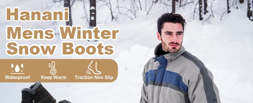 Hanani Mens Snow Boots Waterproof Winter Boots for Men Fur Lined Warm Ankle Boots Zipper Closure Slip on Outdoor Boot Comfortable Walking Shoes