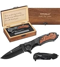 Gifts for Him Men Husband, Christmas Stocking Stuffers, Anniversary Birthday Gifts ideas for Him, Engraved Pocket Knife, Wooden Handle Folding Knife with Wood Box, Unique Outdoor Camping Hiking Tool