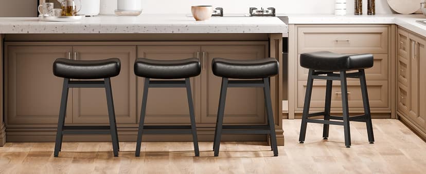 Counter Height Bar Stools Set of 2, 24 Inch Backless BarStools for Kitchen Island Leather Saddle Bar Chairs Kitchen Stools with 4" Thick Seats & Heavy Duty Metal Base, Black