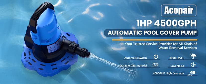 1 HP Automatic Swimming Pool Cover Pump, 5000 GPH 115V Submersible Pump with 3/4” Check Valve Adapter & 26ft Power Cord, Water Removal for Pool, Hot Tubs, Rooftops, Water Beds and more