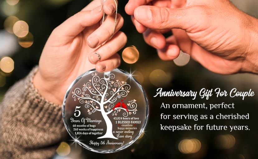 5th Wedding Anniversary Glass Ornament for Couple, Wife, Husband or Parents, Unique Wood Wedding Anniversary Idea, A Meaningful Christmas Decor to Celebrate Five Years of Love