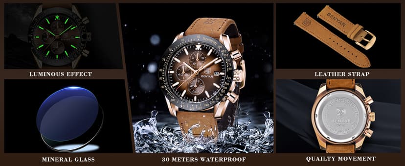 BENYAR Mens Watches Quartz Analog Chronograph Waterproof Wrist Watches for Men Fashion Business Work Casual Sport Dress Watch with Calendar