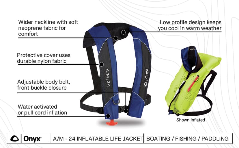 Onyx A/M-24 Automatic/Manual Inflatable Life Jacket, U.S. Coast Guard Approved, Low Profile, Compact Design, Manual Convertible Inflation Option