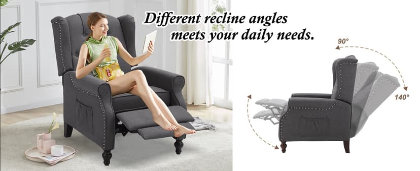Wingback Recliner Chair with Massage and Heat, Wingback Recliner Tufted Fabric Push Back Recliner Chair for Living Room, Vintage Wingback Chair with Remote Control, Padded Cushion, Wooden Legs