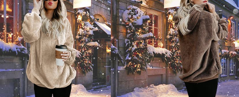 ReachMe Womens Oversized Sherpa Pullover Hoodie with Pockets Fuzzy Fleece Sweatshirt Plaid Fluffy Jacket Coat