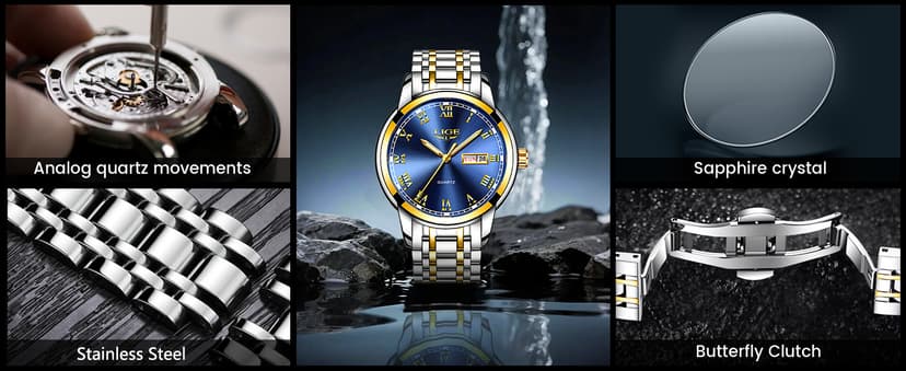 LIGE Mens Watch, Analog Men's Wrist Watches, Stainless Steel Style, Quartz Movement Calendar Function, 3ATM Waterproof, Clear Luminous Display, Business Social Matching