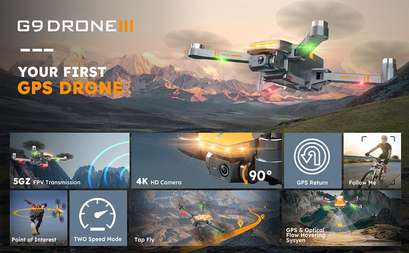 GPS Drones with 4K Camera for Adults with Brushless Motor and Follow Me Mode,Long Flight Time and Distance,5G FPV Transmission and Auto Return,G9 Foldable RC Quadcopter for Beginner,Under249g (Dark gray)