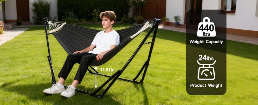 2-in-1 Hammock & Swing Chair for Teens – Adjustable Folding Chair with Collapsible Steel Stand, Portable for Camping, Travel, Patio & Indoor Use, Includes Carrying Case, Supports 440 LBS