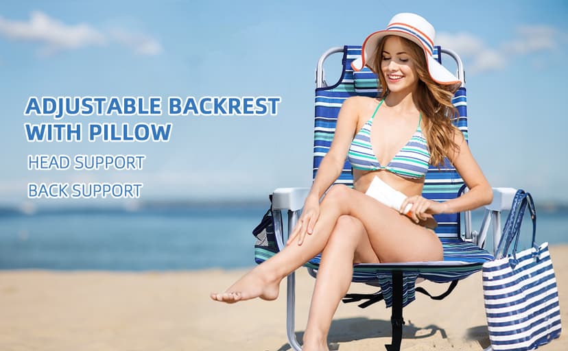 Yestomo Beach Chairs for Adults Heavy Duty, Compact Portable Lay Flat Folding Chair with Backpack Straps and Large Cooler Pouch, Support to 350LBS (Stripes_Blue&Cyan)