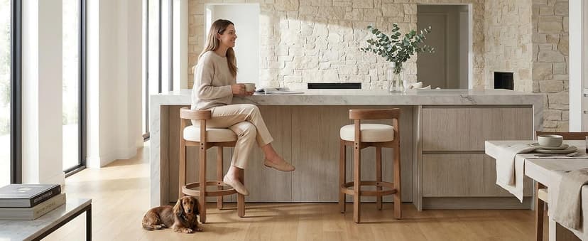 LukeAlon Mid Century Linen Counter Stools Set of 3, Upholstered 26.5" Seat Height Low Barstools with Natural Wood Legs Round Low Back Kitchen Stools with Footrest for Dining Room, Beige