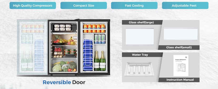 Feelfunn Mini Fridge with Freezer - 3.2 Cu.Ft Single Door Mini Refrigerator with Adjustable Thermostat, Low Noise, Energy Saving, Small Fridge for Bedroom, Apartment, Dorm, Classroom, Office - Silver