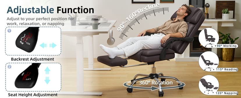 HOMREST 6-Point Massage Office Chair with Heat, Ergonomic Reclining Desk Chair with Footrest, PU Leather Executive Chairs for Home Office, Massaging Computer Chair Gift for Men, Brown