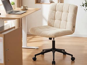 Furnimart Swivel Criss Cross Legged Chair with Wheels for Home Office, Wide Armless Desk Chair Height Adjustable Comfy Seat for Desk,Vanity, Bedroom, Faux Fur White