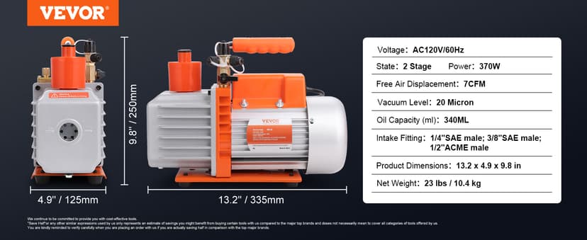VEVOR 7 CFM Dual Stage HVAC Vacuum Pump, 1/2 HP Rotary Vane Vacuum Pump with Oil Bottle, for HVAC Repair, Refrigeration Maintenance, Resin Degassing, Compatible with R12, R22, R134a, R410a Refrigerant