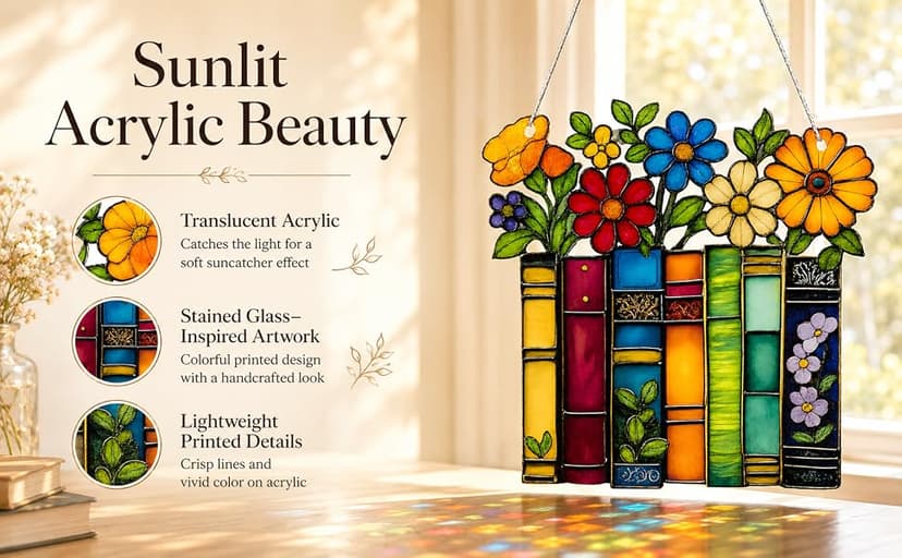 Book Lovers Gifts for Women, Book Ornament Faux Stained Glass Window Hanging, Bookish Gifts for Teacher, Librarian, Reader, Bookworm, Christmas Stocking Stuffer Tree Decorations (Floral Shelf)
