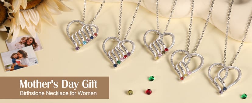Jeweidea Personalized Heart Necklace with 2-6 Simulated Birthstones Custom Name Mother Daughter Chain Pendant for Women Mom Birthday