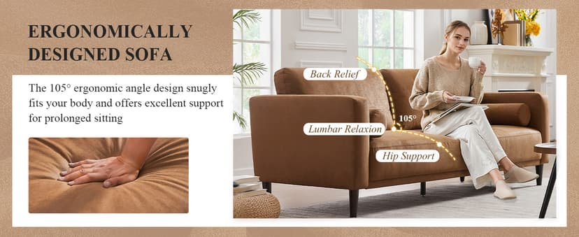 HIFIT Sofa Couches, 79” Mid-Century Modern Couch, Breathable Faux Leather Couch with Upholstered Cushions/Pillows, 3-Seat Sofas & Couches, for Living Room Apartment Office, Brown