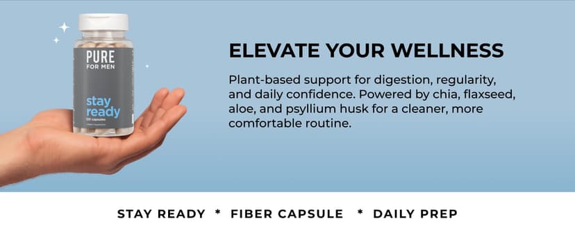 Pure for Men Pure for Men Original Vegan Cleanliness Stay Ready Fiber Supplement | Helps Promote Digestive Regularity | Psyllium Husk, Aloe Vera, Chia Seeds, Flaxseeds | Proprietary Formula | 120 Vegan Capsules