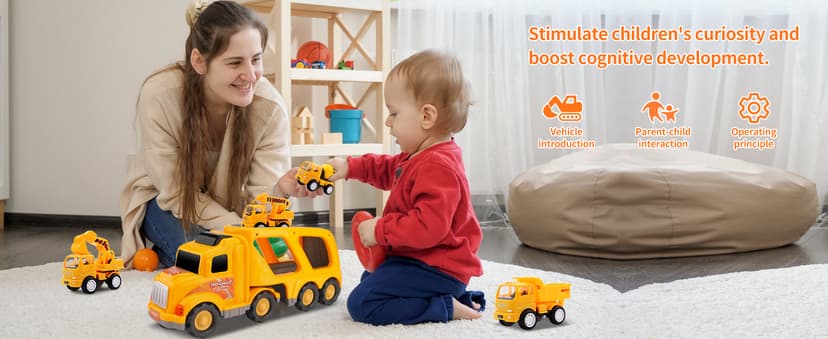 Construction Truck Toddler Toys Car: Toys for 1 2 3 4 Year Old Boy 5 in 1 Carrier Toys for Kids Age 1-3 2-4| 18 Months 2 Year Old Boy Christmas Birthday Gifts