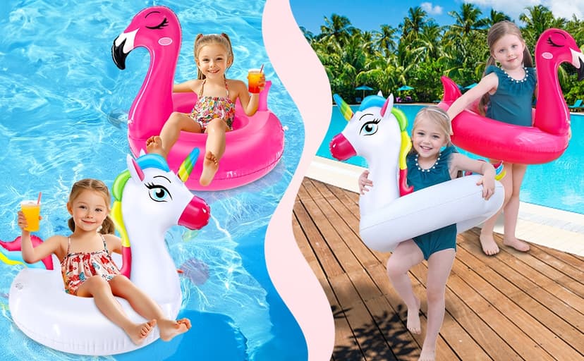 2 Pack Pool Floats for Kids Unicorn Flamingo Swim Ring Kids Pool Floaties Inflatable Swimming Pool Raft Party Water Toys for Age 2-5 Year Toddlers Girls Boys Summer Beach Float