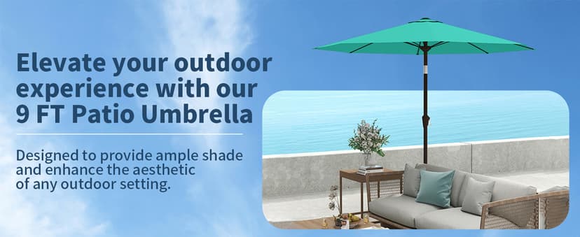 9FT Patio Umbrella with Fiberglass Ribs, Outdoor Market Table Umbrella with Crank and Tilt, UV Resistant Waterproof Canopy for Patio, Garden, Deck, Pool, Turquoise Blue