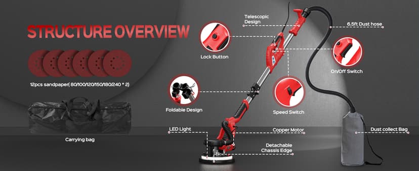 Drywall Sander, 2025 Upgraded 8-Amp Popcorn Ceiling Removal Tool with 7 Variable Speed 800-1800RPM, Drywall Sander with Vacuum Dust Collector with Extendable Handle, LED Light, 12pcs Sanding Discs,Red